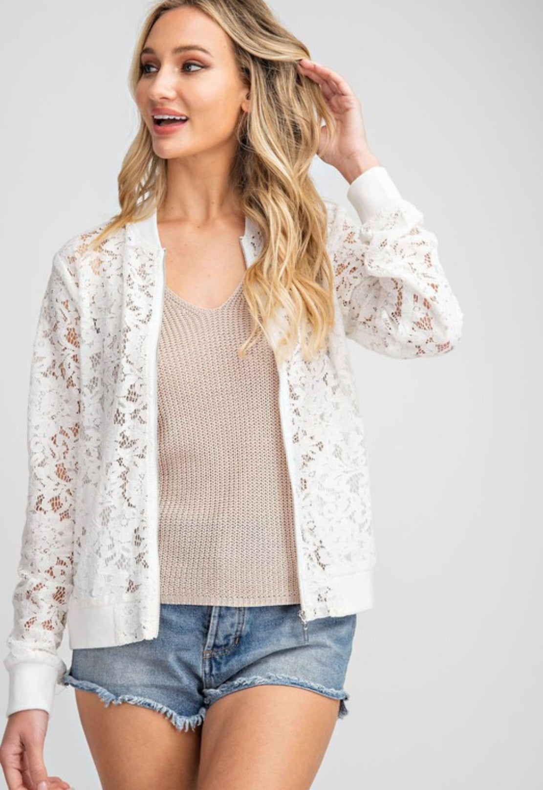 Lace Bomber Jacket White